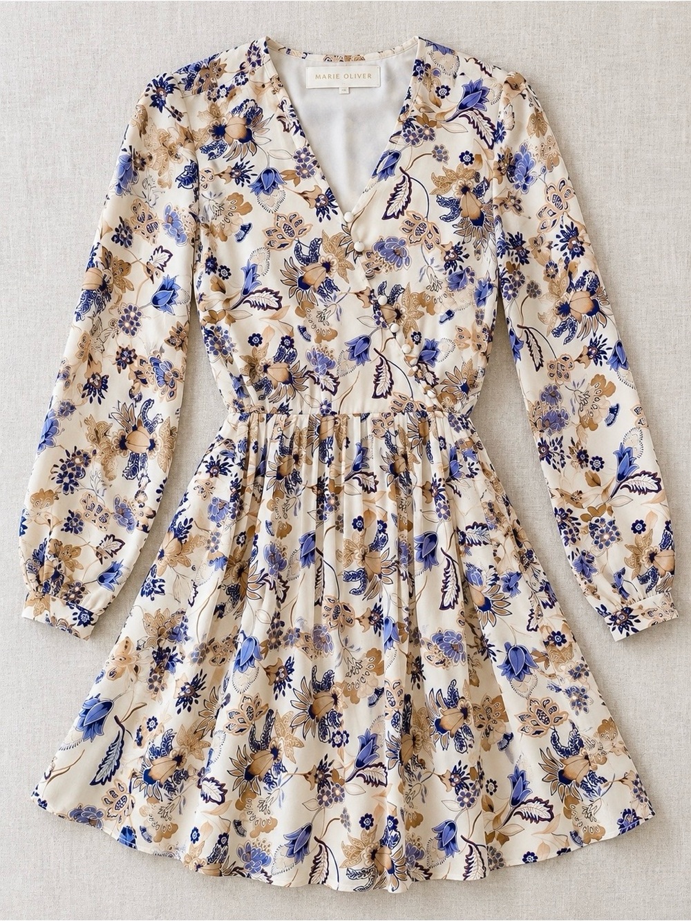 Marie Oliver Vera Crossvine Floral 100% Silk Mini Dress Cream Blue Size 8 NWT
